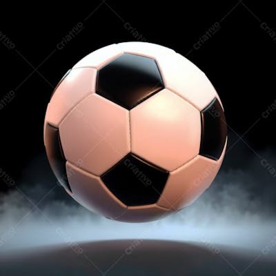 High Resolution Stock Photo Of A 3D Rendered, Ultrarealistic Soccer Ball Against A Pure Black Background. Soft Cinematic Haze, Pastel Colors, Gentle And Soothing Aesthetic, Soft Focus, Hazy Background. The Image Is