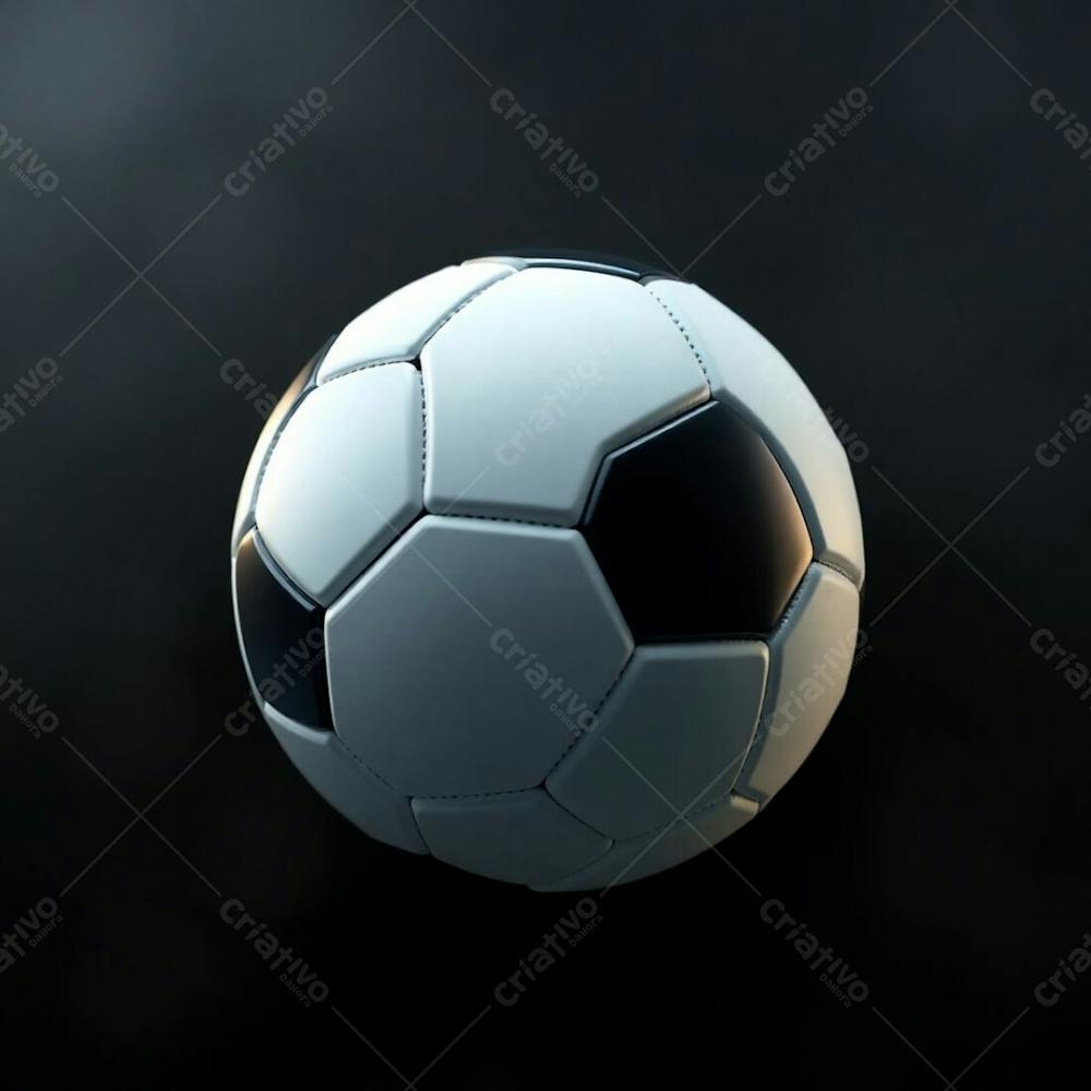 High Resolution Stock Photo Of A 3D Rendered, Ultrarealistic Soccer Ball Against A Pure Black Background. Soft Cinematic Haze, Pastel Colors, Gentle And Soothing Aesthetic, Soft Focus, Hazy Background. The Image Is