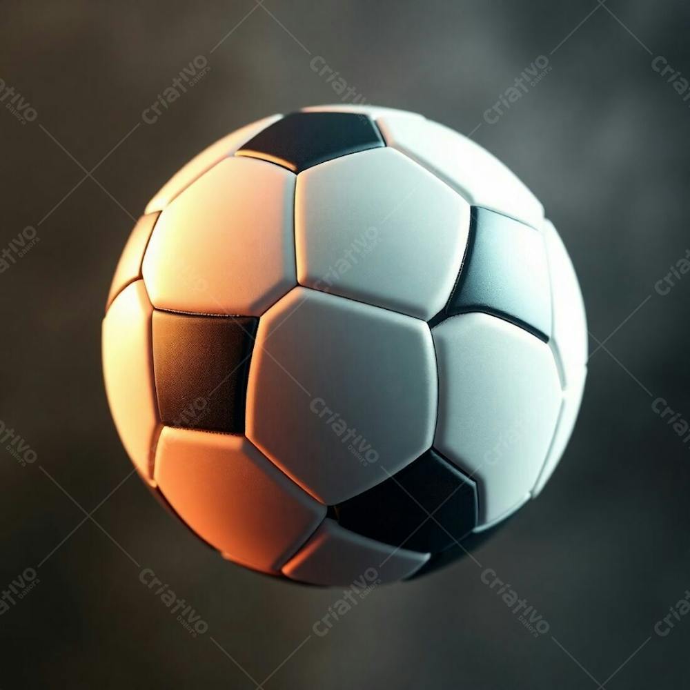 High Resolution Stock Photo Of A Soccer Ball, 3D Render, Ultrarealistic, Professional Quality. Soft Cinematic Haze, Pastel Colors, Gentle And Soothing Aesthetic. Soft Focus, Hazy Black Background. Elegant And Refined