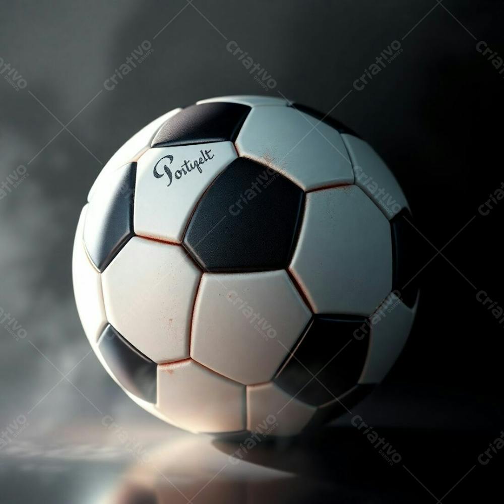 High Resolution Stock Photo Of An Ultra Realistic, 3D Rendered Soccer Ball, Set Against A Black Background. The Image Features A Soft Cinematic Haze With Pastel Colors, Soft Focus, And A Hazy Background. The Style Is Pro