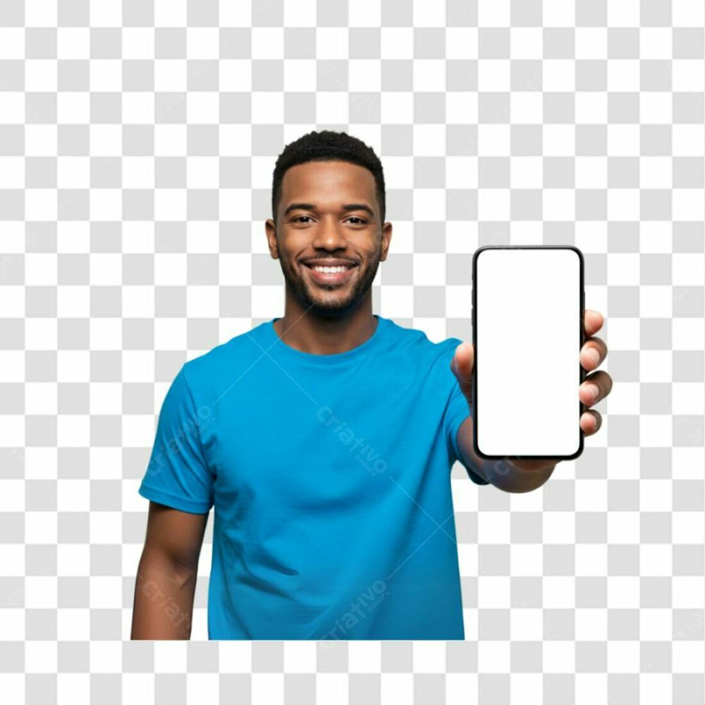 Homem Sorridente Camisa Azul Com Celular Na Mão Png Transparente