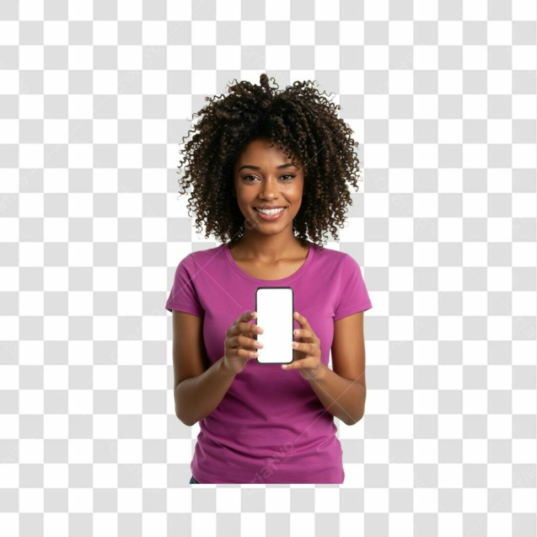 Mockup PNG com fundo transparente mulher negra celular