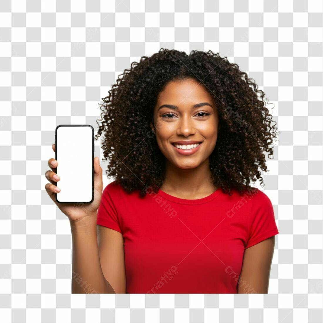 Mockup PNG com fundo transparente Mulher negra segurando celular