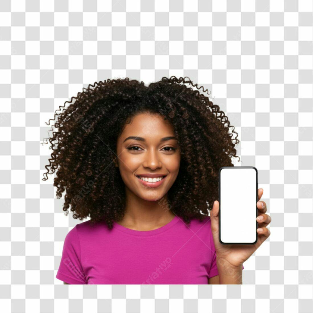 Icone Mulher Afro segurando celular PNG com fundo transparente