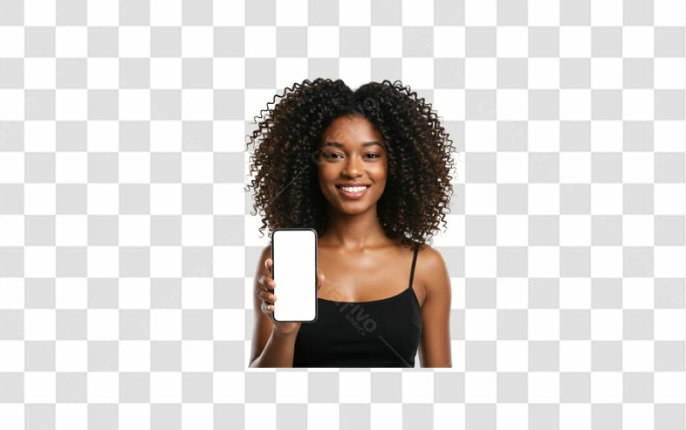 Mulher Cacheada Sorridente Camisa Preta Com Celular Na Mão Mockup Png Transparente