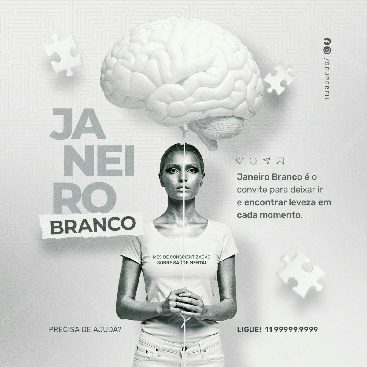 Flyer Janeiro Branco Saúde Mental PSD Editável