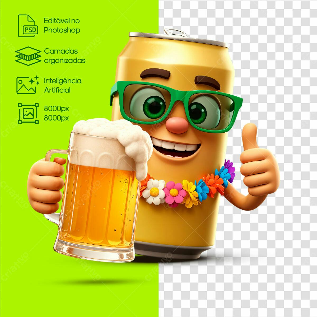 Mascote Lata de Cerveja Verão PSD Editável