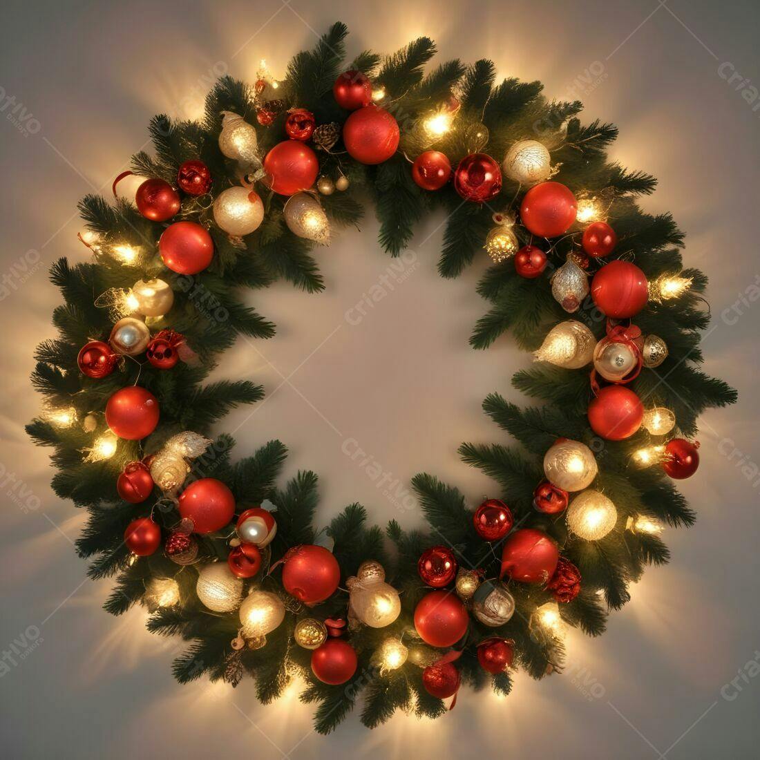 Coroa de Natal com luzes vermelhas e douradas