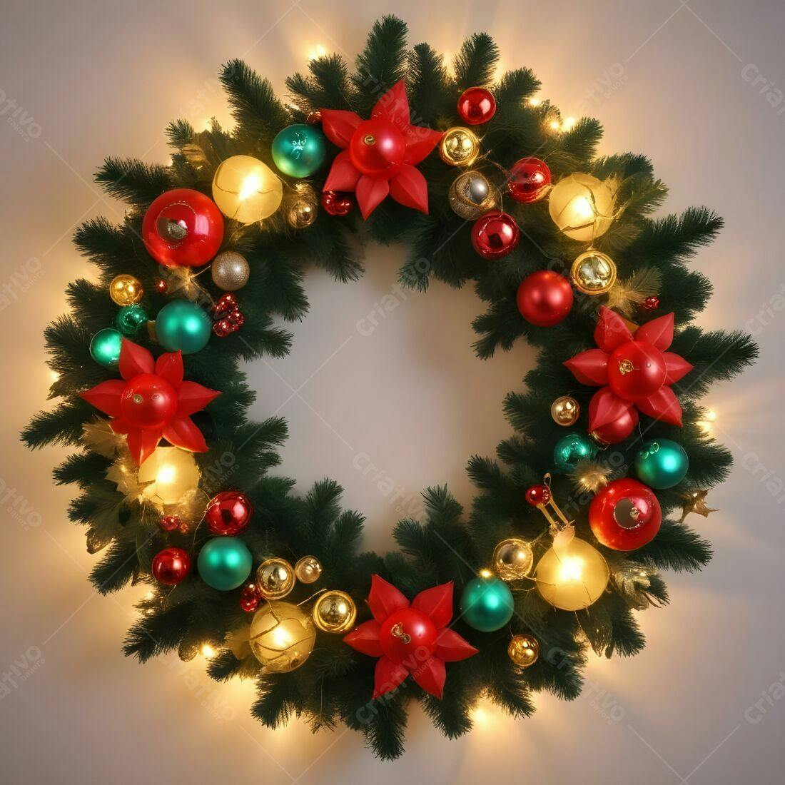 Coroa de Natal com luzes e decoração vermelha
