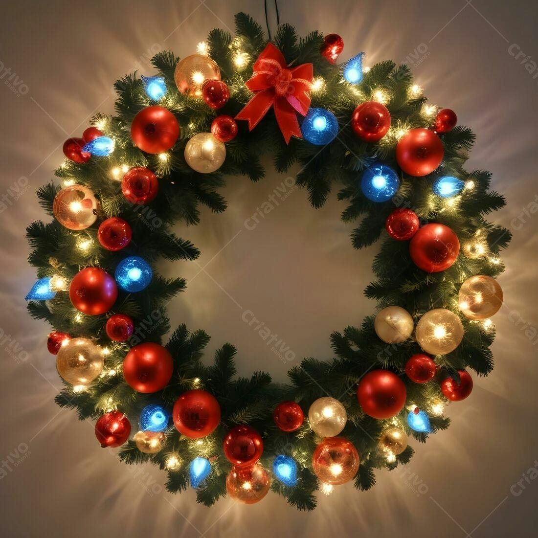 Coroa de Natal com luzes e bolas vermelhas