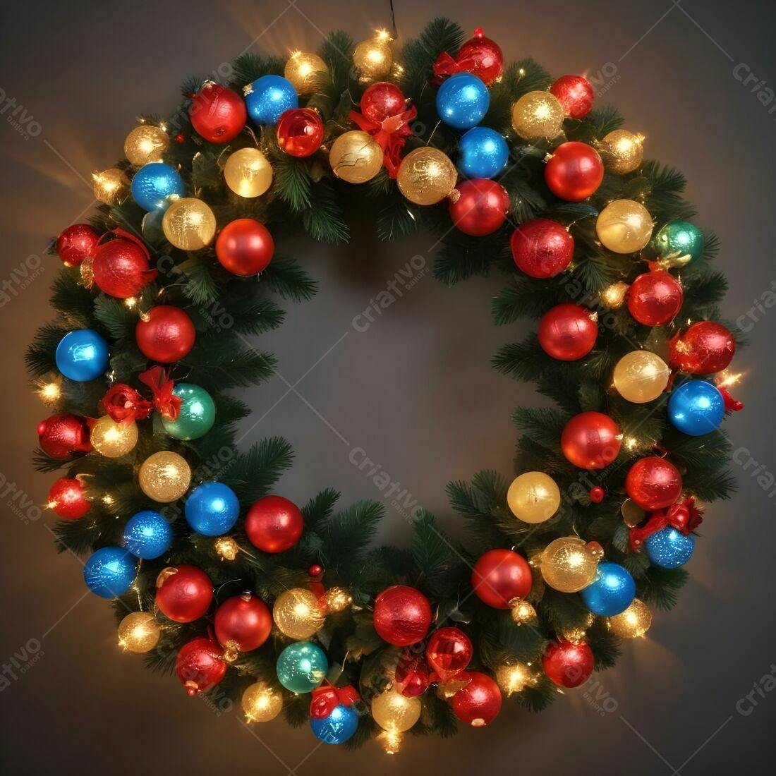 Coroa de Natal com Luzes e Ornamentos Coloridos
