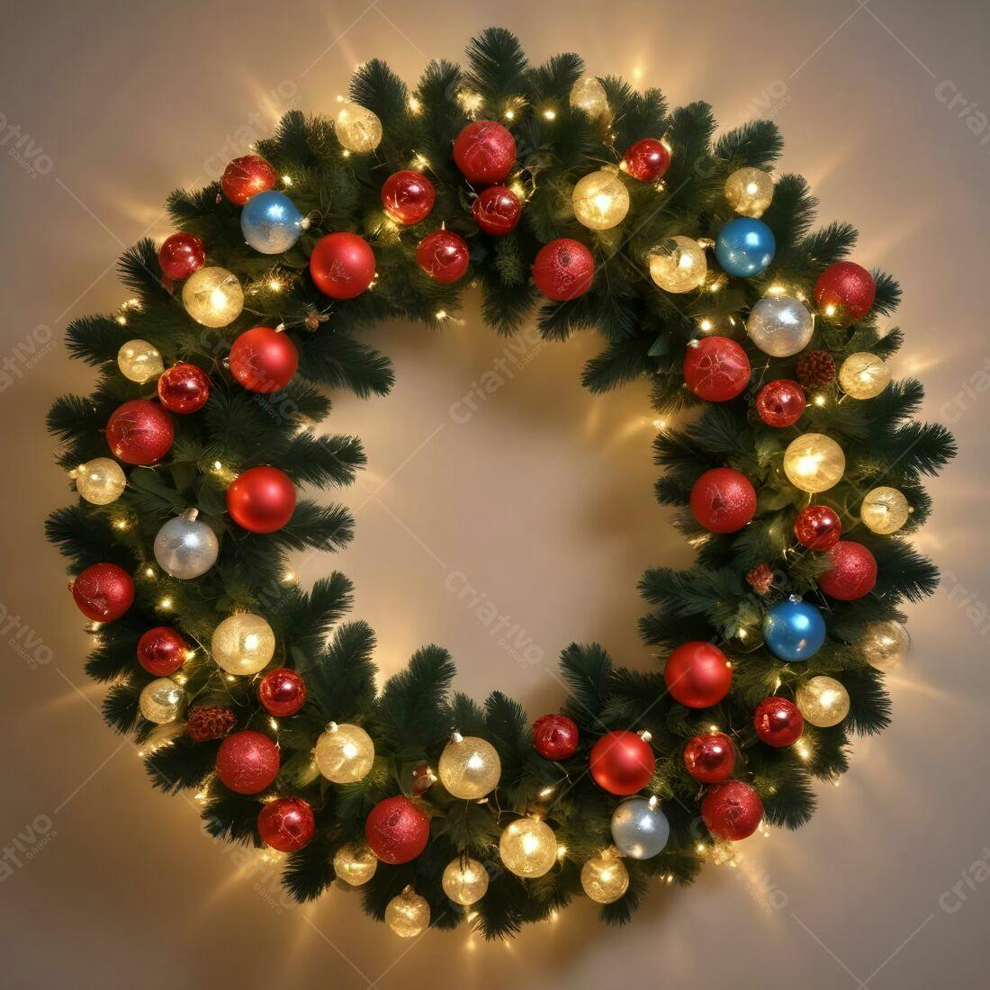 Coroa de Natal com luzes e bolas vermelhas