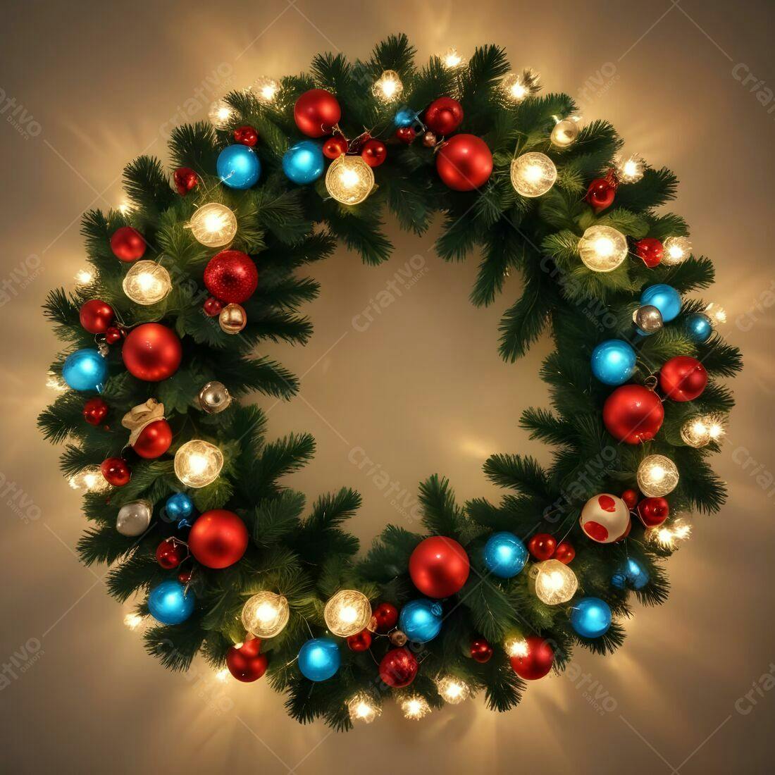 Coroa de Natal com luzes e bolas vermelhas e azuis