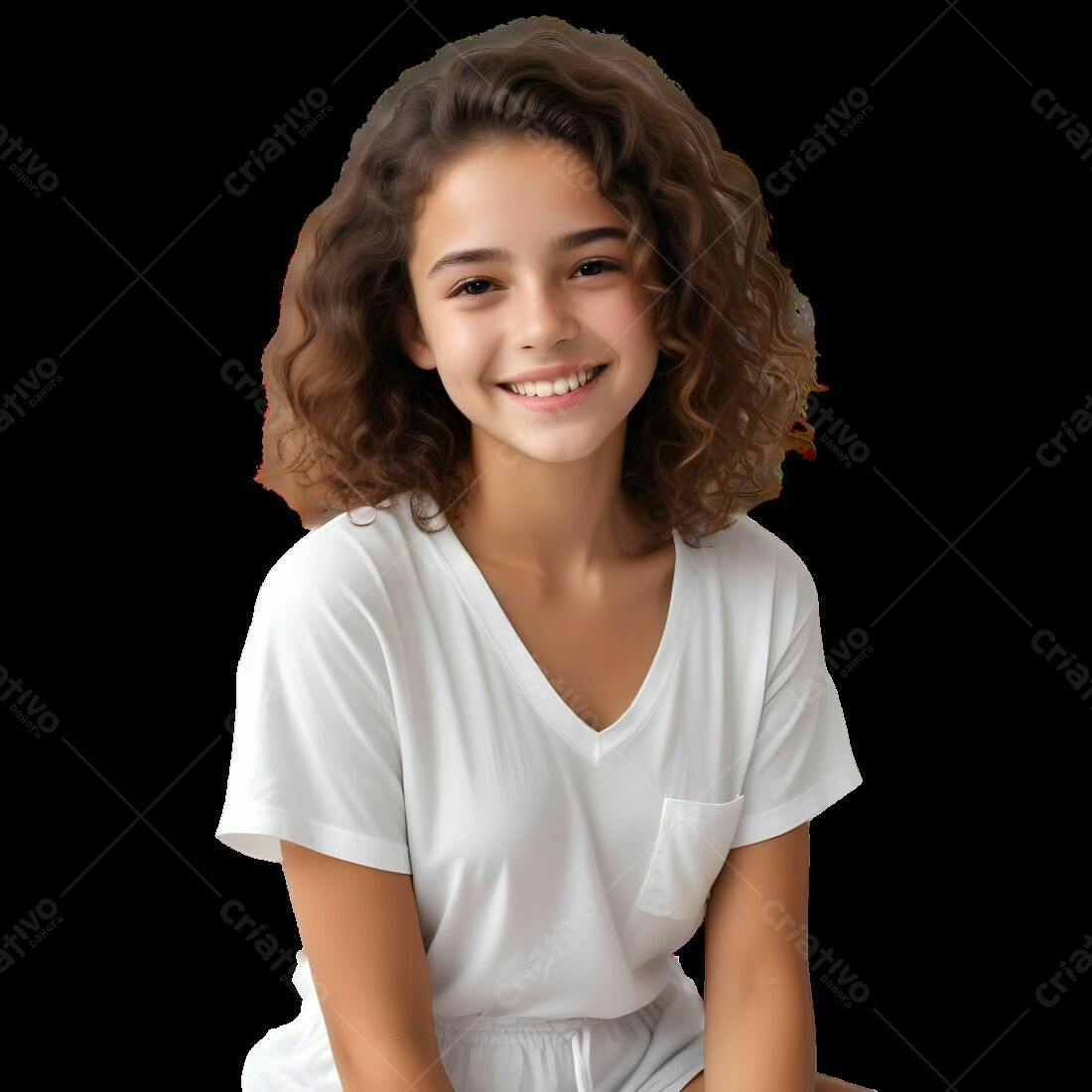 Menina sorrindo roupa branca fundo preto