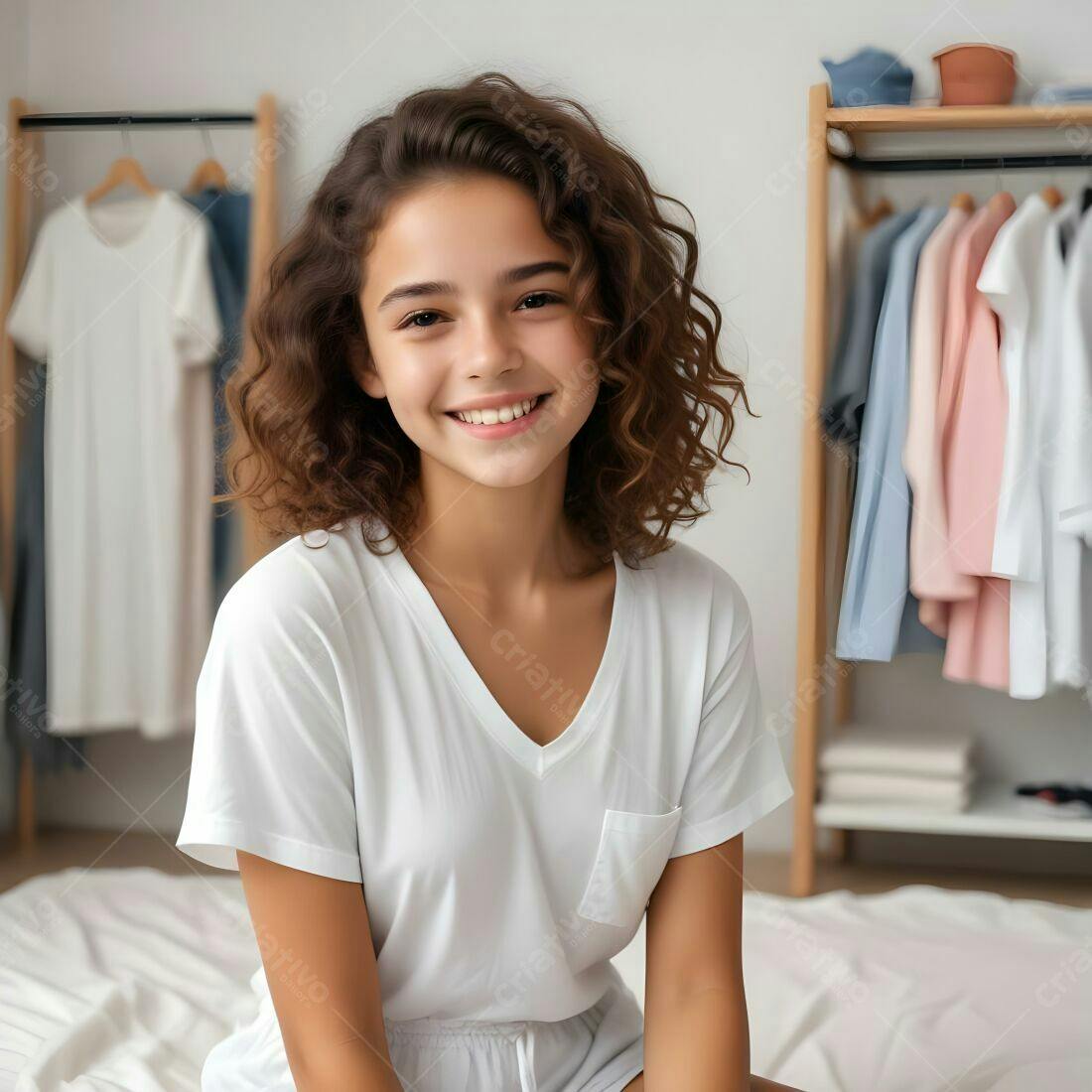 Adolescente sorridente roupa branca quarto