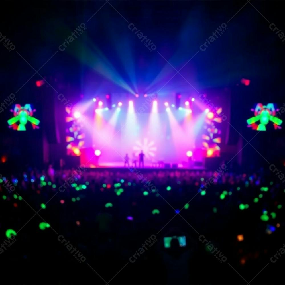 A Beautiful Concert Stage Scene Filled With A Large Crowd, Bathed In Glowing Bioluminescent Colors. The Background Is A Soft, Blurred Bokeh, Contrasting With The Sharp Focus On The Stage. Natural Li