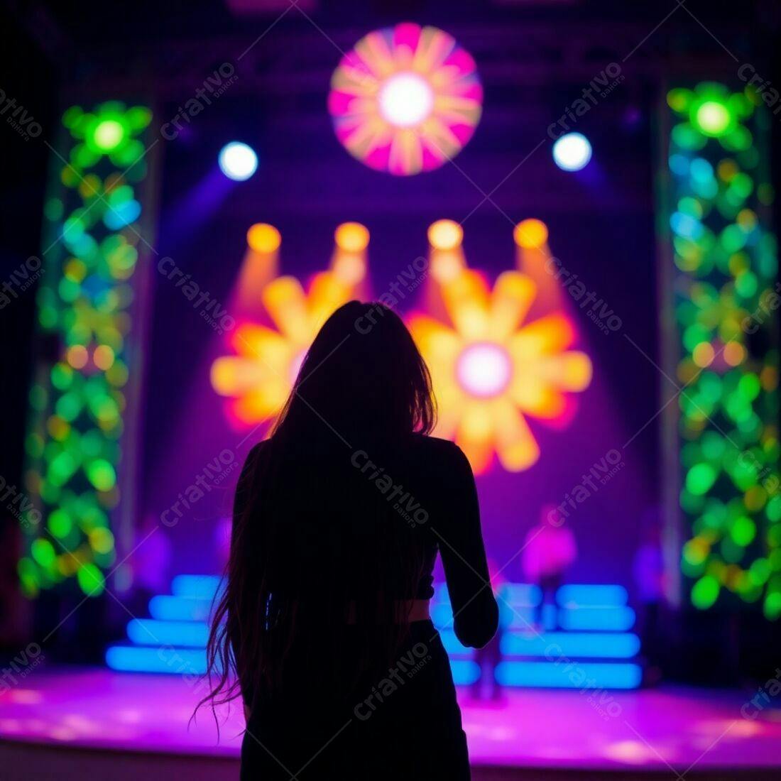Silhueta feminina em show com luzes vibrantes