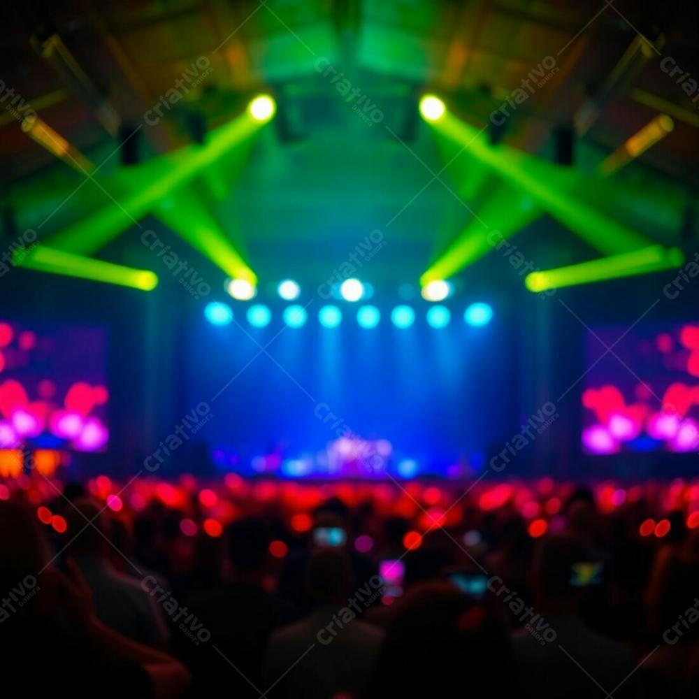 A Captivating Image Of A Concert Stage With A Crowd, The Stage Sharply Focused, The Audience Blurred In A Bokeh Effect, Featuring Vibrant Bioluminescent Glow And Natural Lighting