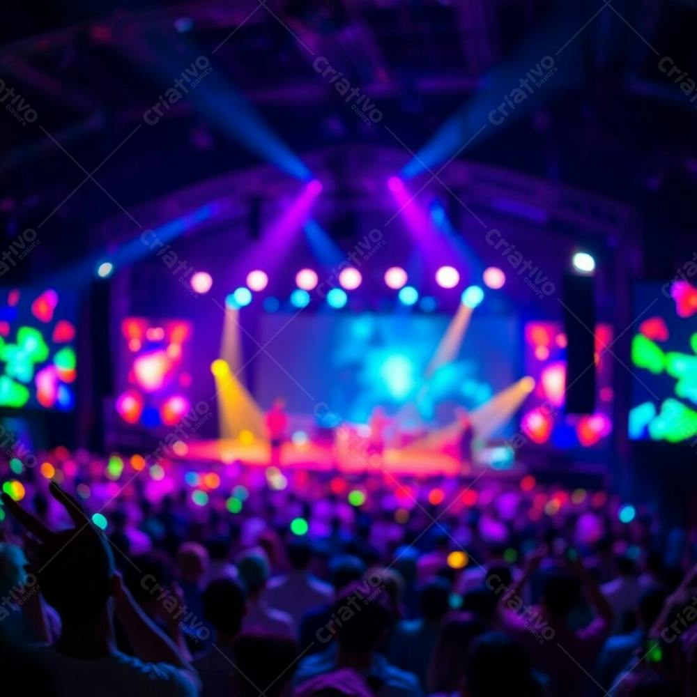 A Captivating Photo Of A Vibrant Stage Show, Brimming With A Lively Crowd. Bioluminescent Lighting Creates A Glowing Effect, Emphasized By A Blurred Bokeh Background. The Focus Is Sharp On The Stage