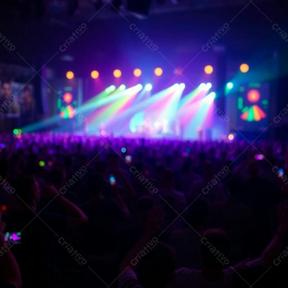 A Concert Stage Scene With A Large, Enthusiastic Crowd, Brightly Lit By Bioluminescent Colors. The Background Is Blurred With A Bokeh Effect, While The Stage Is In Sharp Focus. Natural Light Adds To