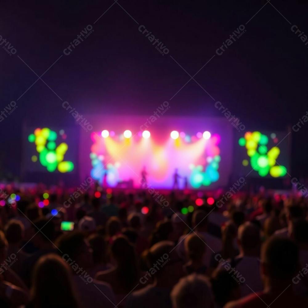 A Large Crowd Enjoys A Vibrant Stage Show, Captured With A Shallow Depth Of Field For A Blurred Bokeh Effect. Bioluminescent Colors Glow Brightly, Creating A Striking Contrast To The Softly Lit Backg