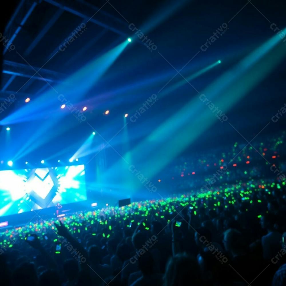 A Photo Of A Breathtaking Stage Show, Featuring A Large, Excited Crowd. Glowing Bioluminescent Colors Create A Magical Atmosphere, Softened By A Blurred Bokeh Effect. The Image Is Sharply Focused On