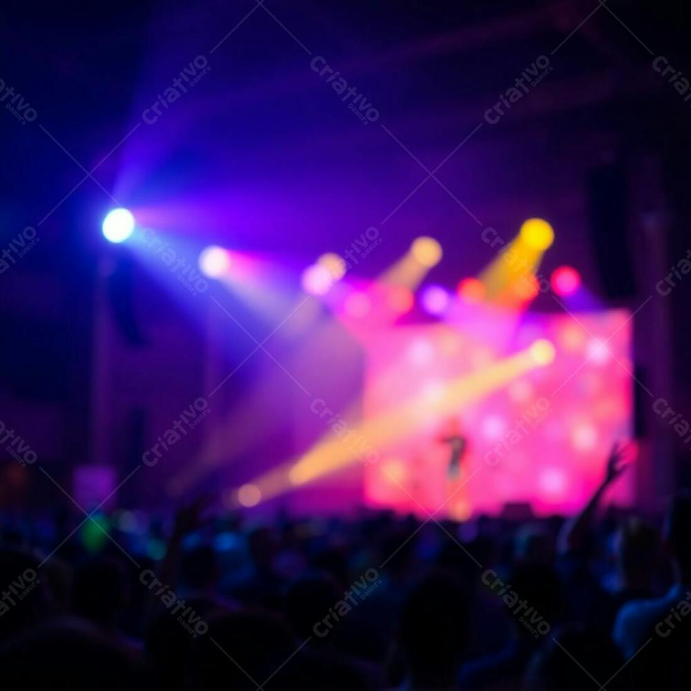 A Stage Show Bathed In Glowing Bioluminescent Colors, Featuring A Blurred Bokeh Effect, Natural Light, And A Vibrant Glow. The Focus Is Sharp On The Stage Action, Softly Blurring The Excited Crowd