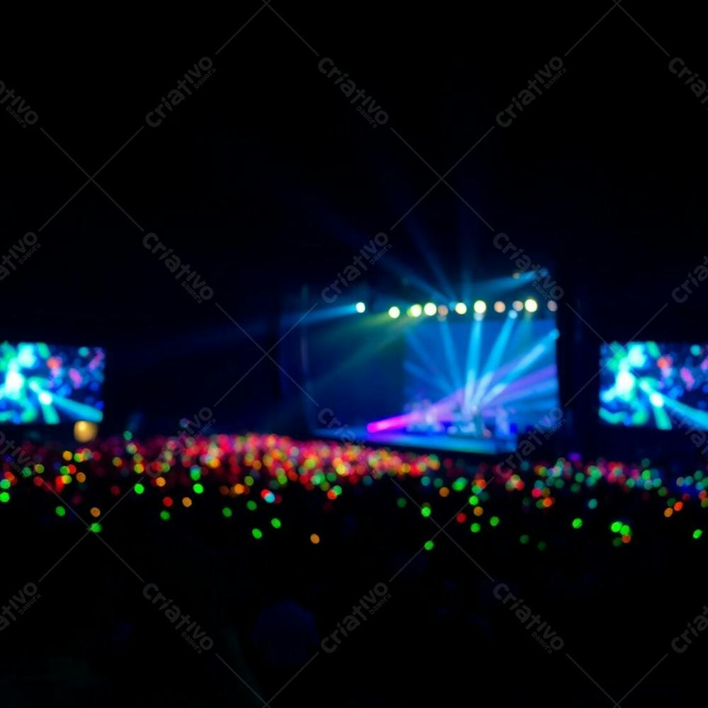 A Stunning Concert Scene, Glowing With Bioluminescent Hues, Soft Focus On The Crowd Creating A Bokeh Effect, The Stage Sharply In Focus Under The Natural Light