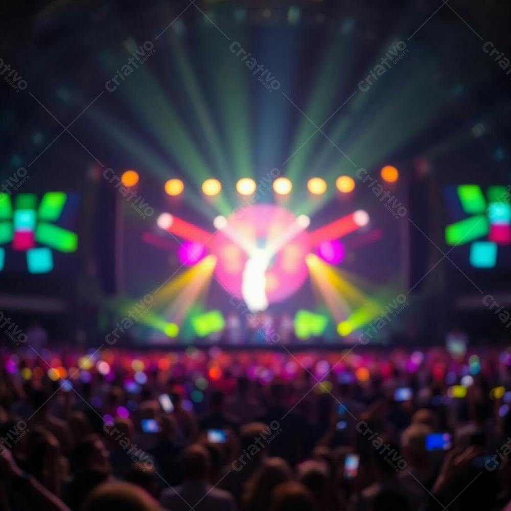 A Stunning Stage Show Captured With A Blurred Bokeh Background And Sharp Focus On The Crowd, Using Bioluminescent Colors And Natural Light Effects For A Vibrant Glow