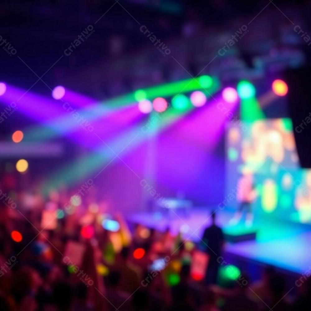 A Vibrant Concert Scene, With Bioluminescent Colors Creating A Glowing Effect. The Background Is Softly Blurred Using A Bokeh Effect, Contrasting With The Sharply Focused Stage And Crowd. Natural L