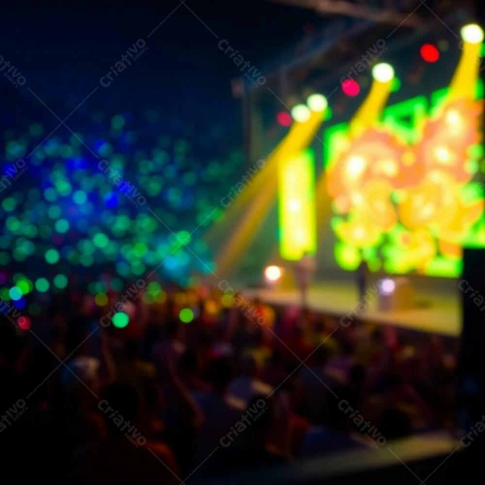 A Vibrant Glowing Stage With A Blurred Crowd In The Background, Bioluminescent Colors Dominating The Scene, Sharp Focus On The Stage, Soft Bokeh Effect, Natural Lighting Creating A Vivid Glow