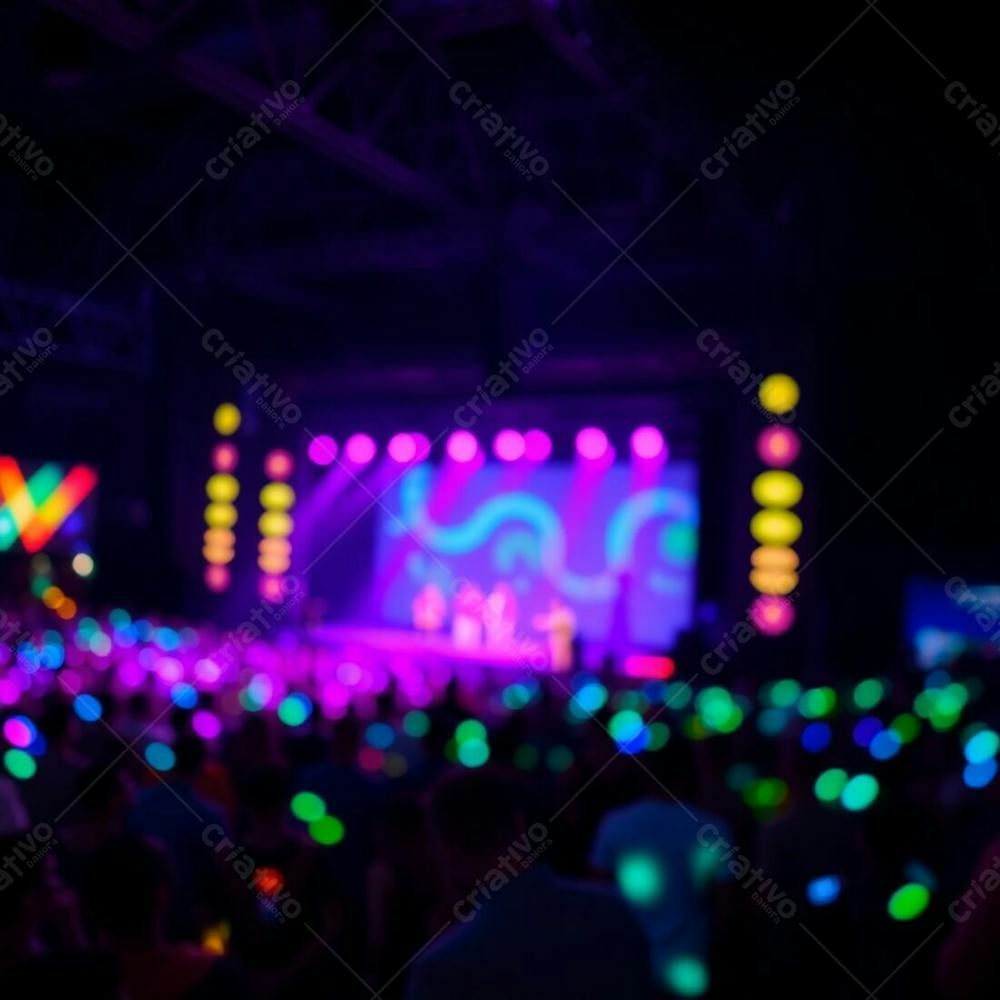 A Vibrant Stage Show Scene Bathed In Glowing Bioluminescent Colors, A Blurred Bokeh Effect Highlighting The Crowd, Natural Light Creates A Sharp Focus On The Stage, Soft Background Blur