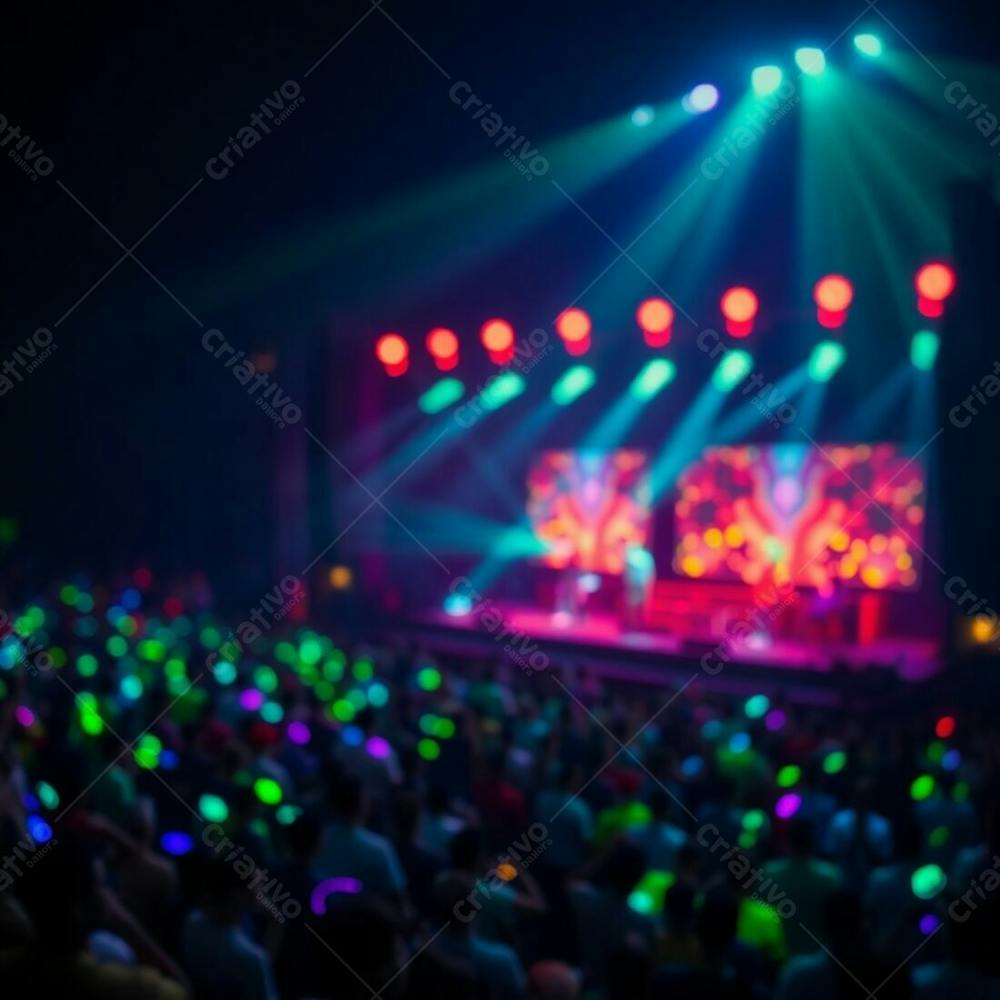 A Vibrant Stage Show With A Large Crowd, Bathed In Glowing Bioluminescent Colors, Sharply Focused With A Soft Blurred Bokeh Background, Illuminated By Natural Light Effects