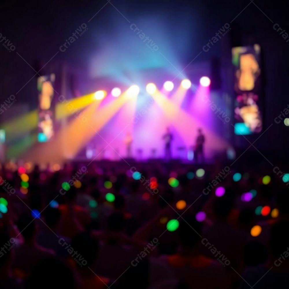 A Vibrant, Bioluminescent Stage Show With A Large Crowd, Captured With A Blurred Bokeh Effect, Natural Light, And Sharp Focus On The Performers. The Background Is Softly Blurred, Emphasizing The Glo