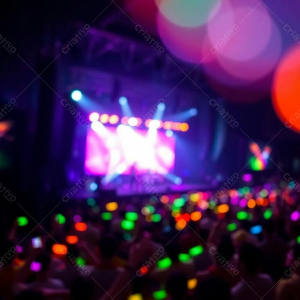 A Vibrant, Bioluminescent Stage Show With A Blurred Bokeh Effect, Natural Light, Sharp Subject Focus, And A Soft Background. Glowing Colors Dominate, Highlighting A Large, Enthusiastic Crowd