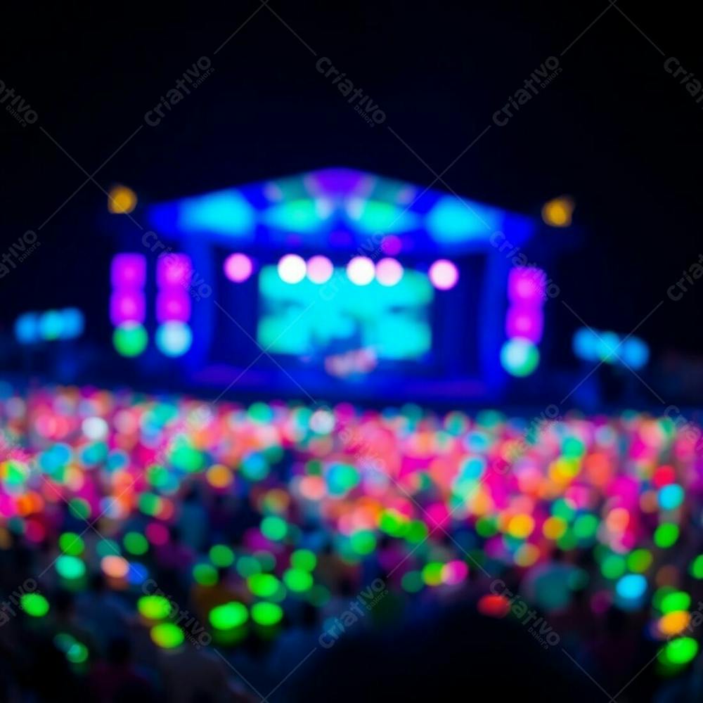 Bioluminescent Colors Glow Brightly In A Blurred Bokeh Effect, Showcasing A Beautiful Stage With A Large Crowd, Natural Light Enhances The Vibrant Scene With A Sharp Subject Focus And Soft Background