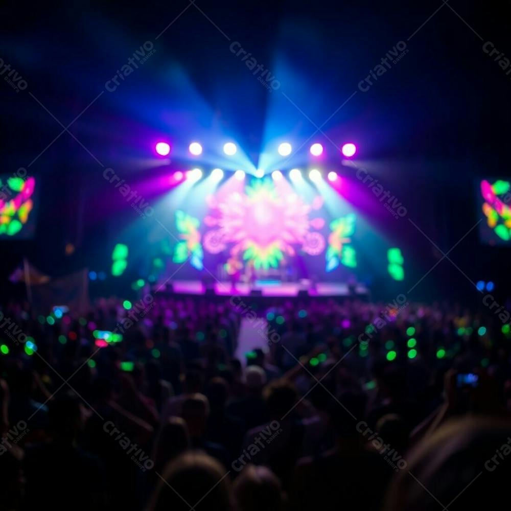 Bioluminescent Colors Illuminate A Beautiful Concert Stage, A Large Crowd Blurred In The Background, Sharp Focus On The Performers, Enhanced By Natural Light Creating A Dreamy Bokeh Effect