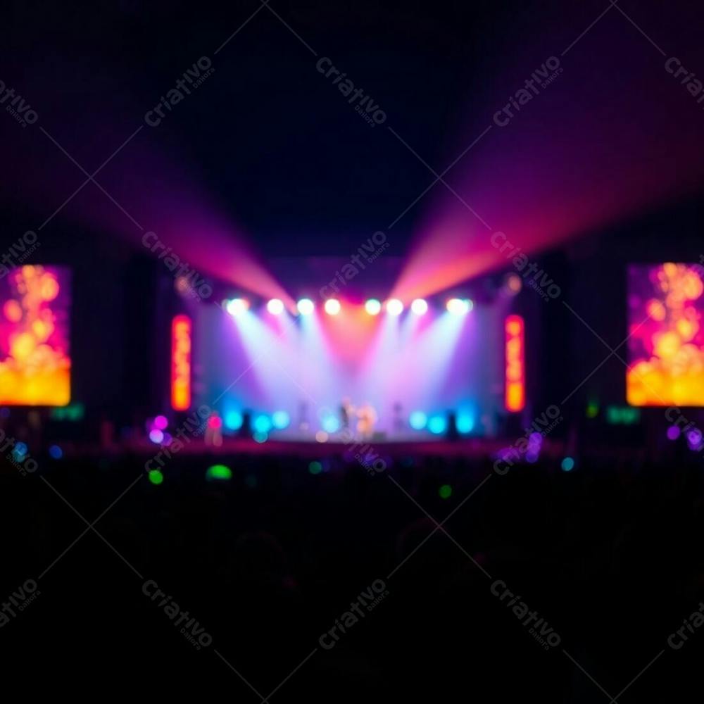 Bioluminescent Colors Illuminate A Stunning Concert Stage With A Blurred Bokeh Effect, Showcasing A Large Crowd. Natural Lighting Creates A Vibrant Glow. The Stage Is In Sharp Focus, While The Backgr