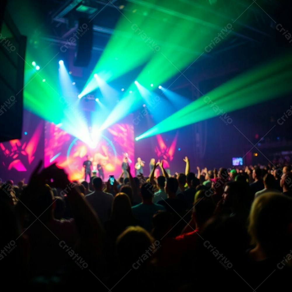 Bioluminescent Light Bathes A Vibrant Concert, The Stage And Performers Sharply In Focus, A Soft Bokeh Effect On The Cheering Crowd, Natural Light Enhances The Overall Scene