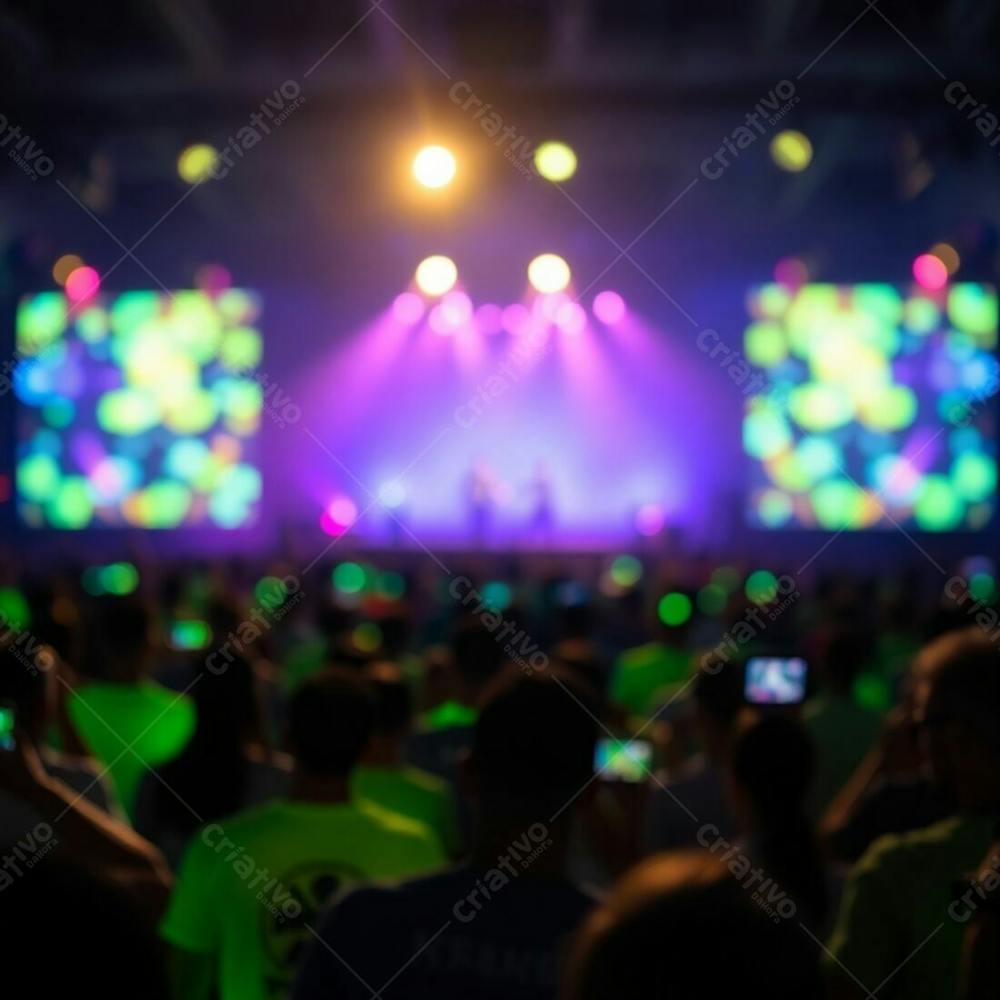 Bioluminescent Stage Show Scene, Natural Light, Blurred Bokeh Background, Sharp Focus On The Crowd, Vibrant Colors, Soft Background Glow