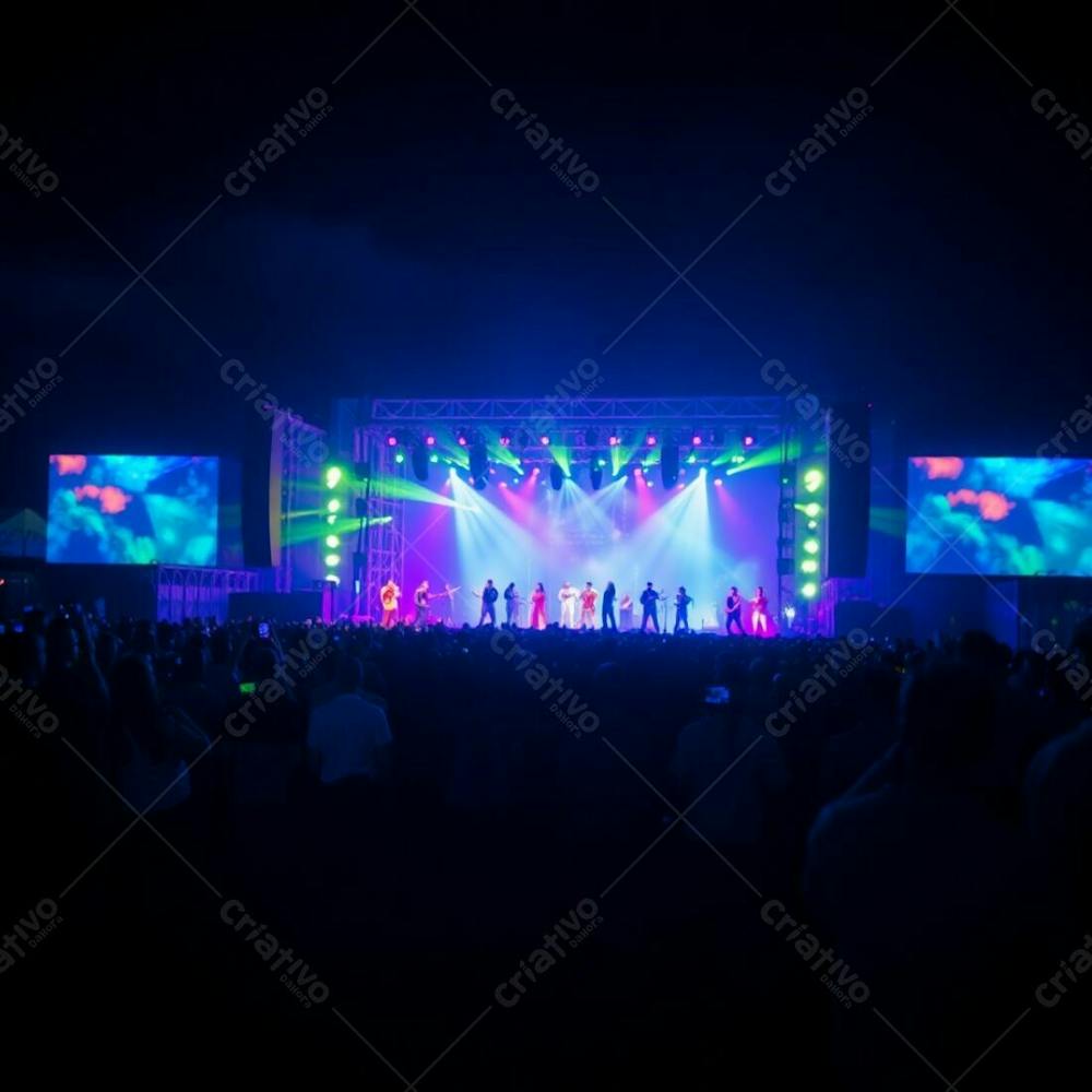 Bioluminescent Stage Show With A Large, Engaged Crowd. Soft Bokeh Effect Blurs The Background, Drawing Attention To The Vibrant, Glowing Stage And Performers