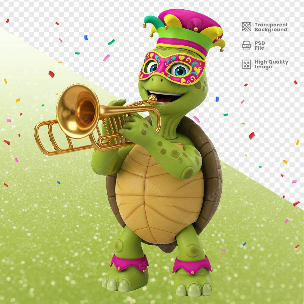 Mascote Tartaruga com Trompete para Carnaval PSD Editável