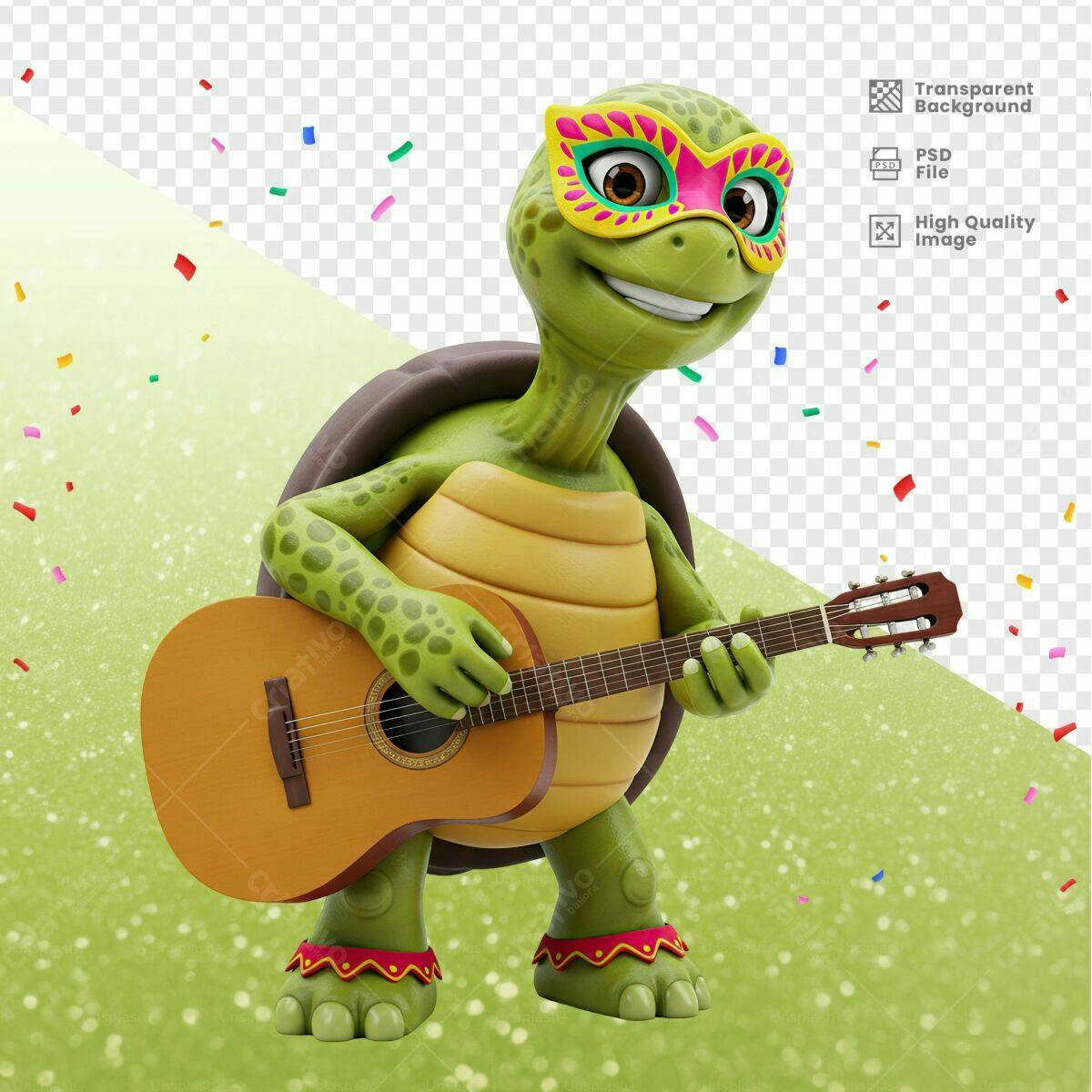 PSD Tartaruga Carnaval tocando violão PSD Editável