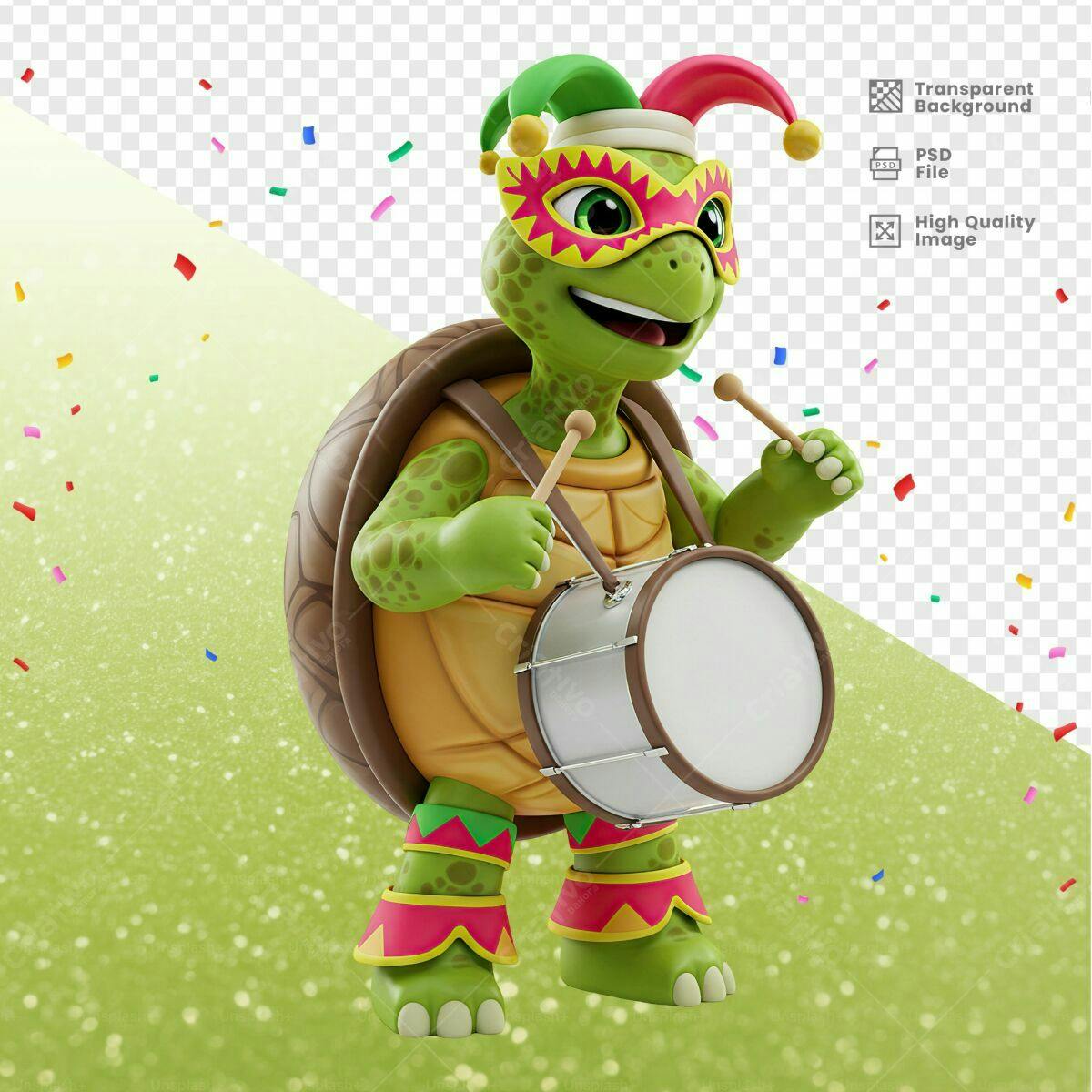 Mascote Tartaruga Carnavalesco PSD Editável