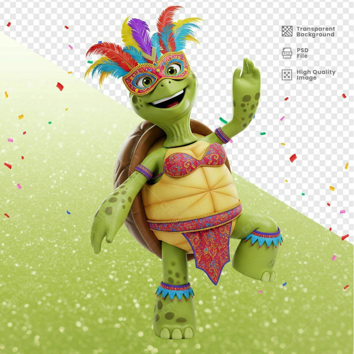 Mascote Tartaruga Carnaval PSD Editável