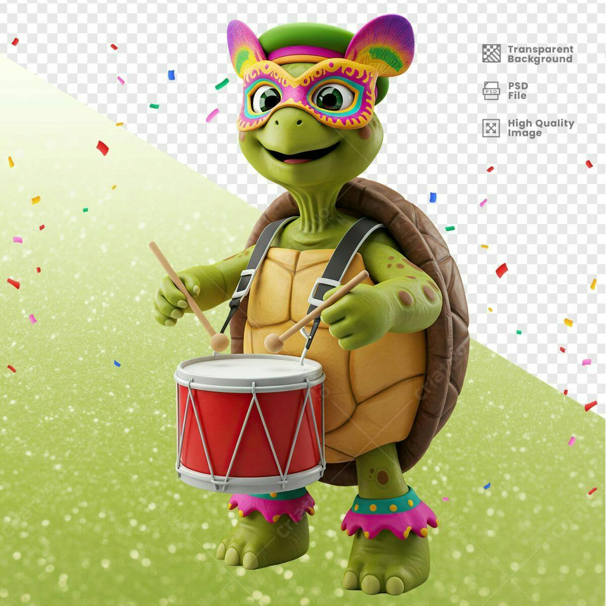 Tartaruga Carnavalesca tocando Tamborim PSD Editável