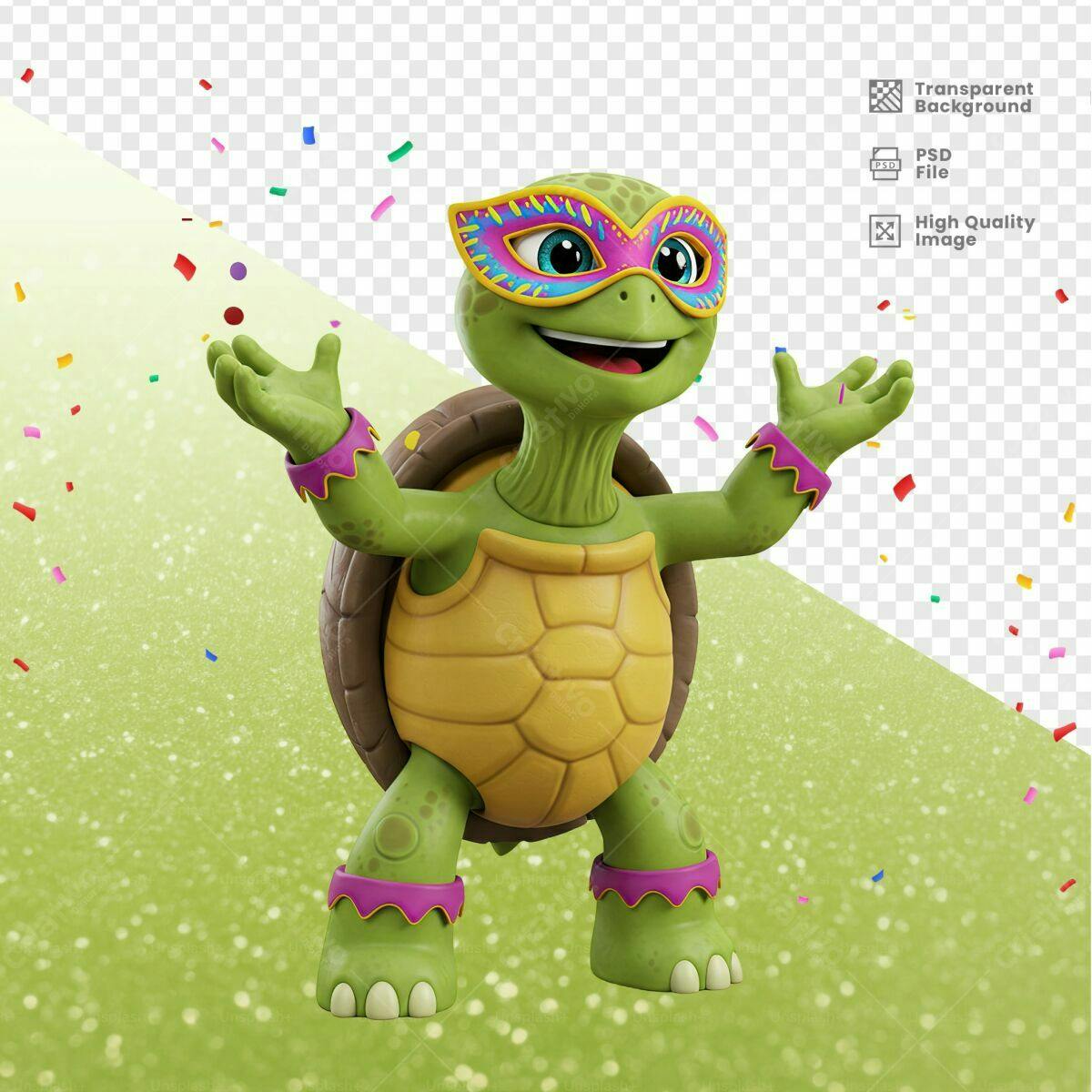 Mascote Tartaruga Carnaval PSD Editável