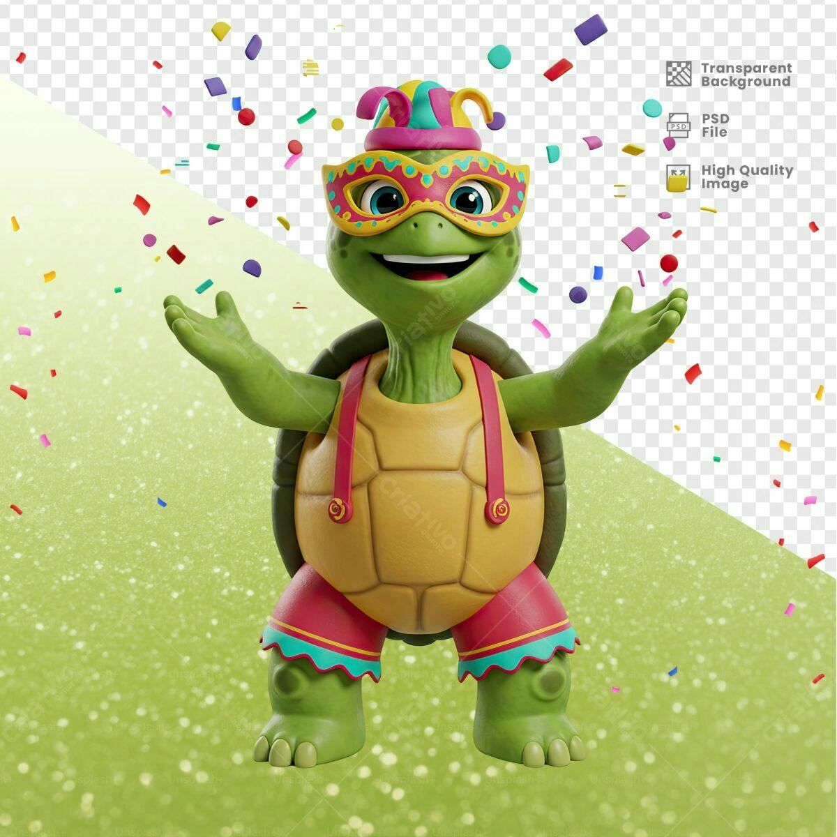 Mascote Tartaruga Carnaval PSD Editável