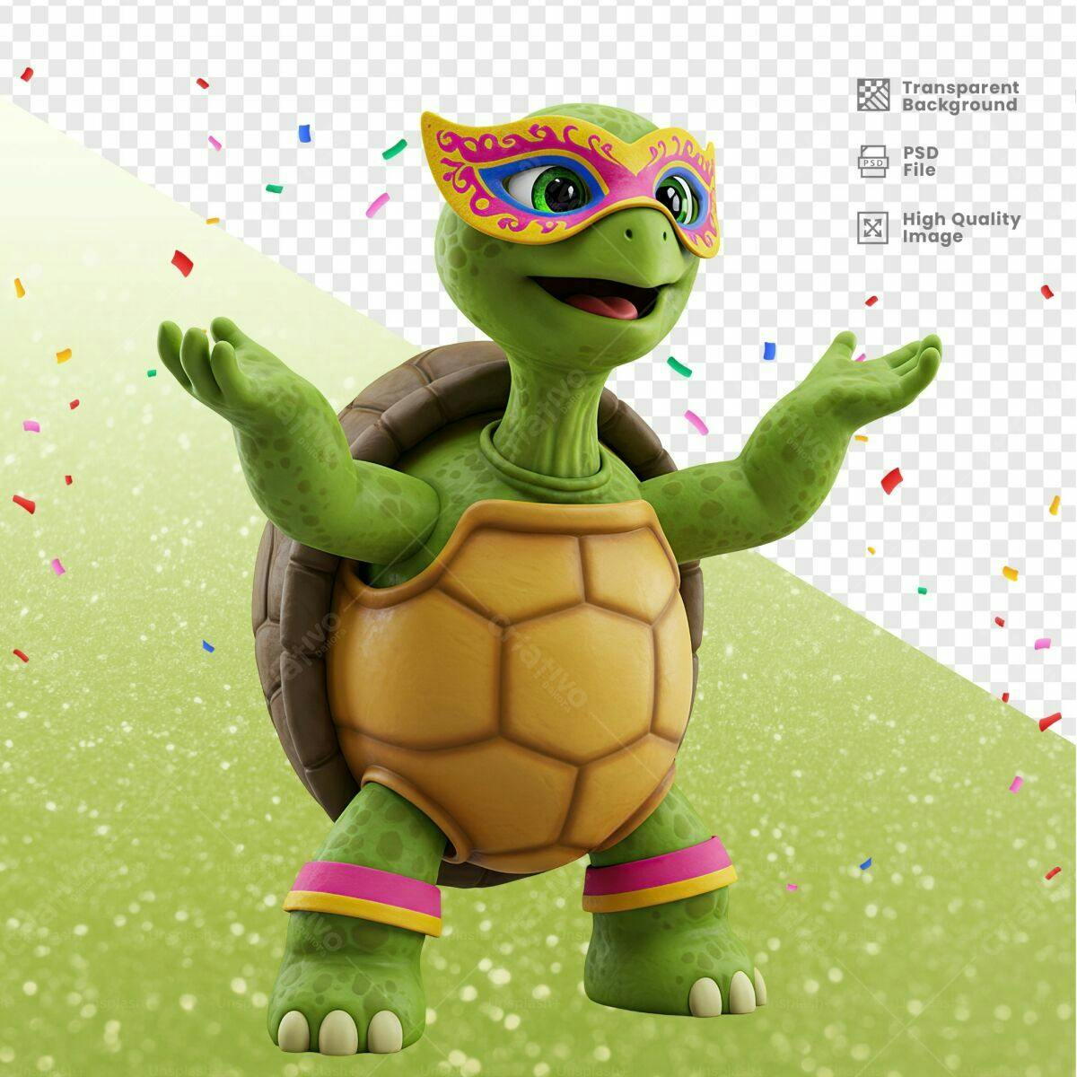Mascote Tartaruga Carnaval PSD Editável