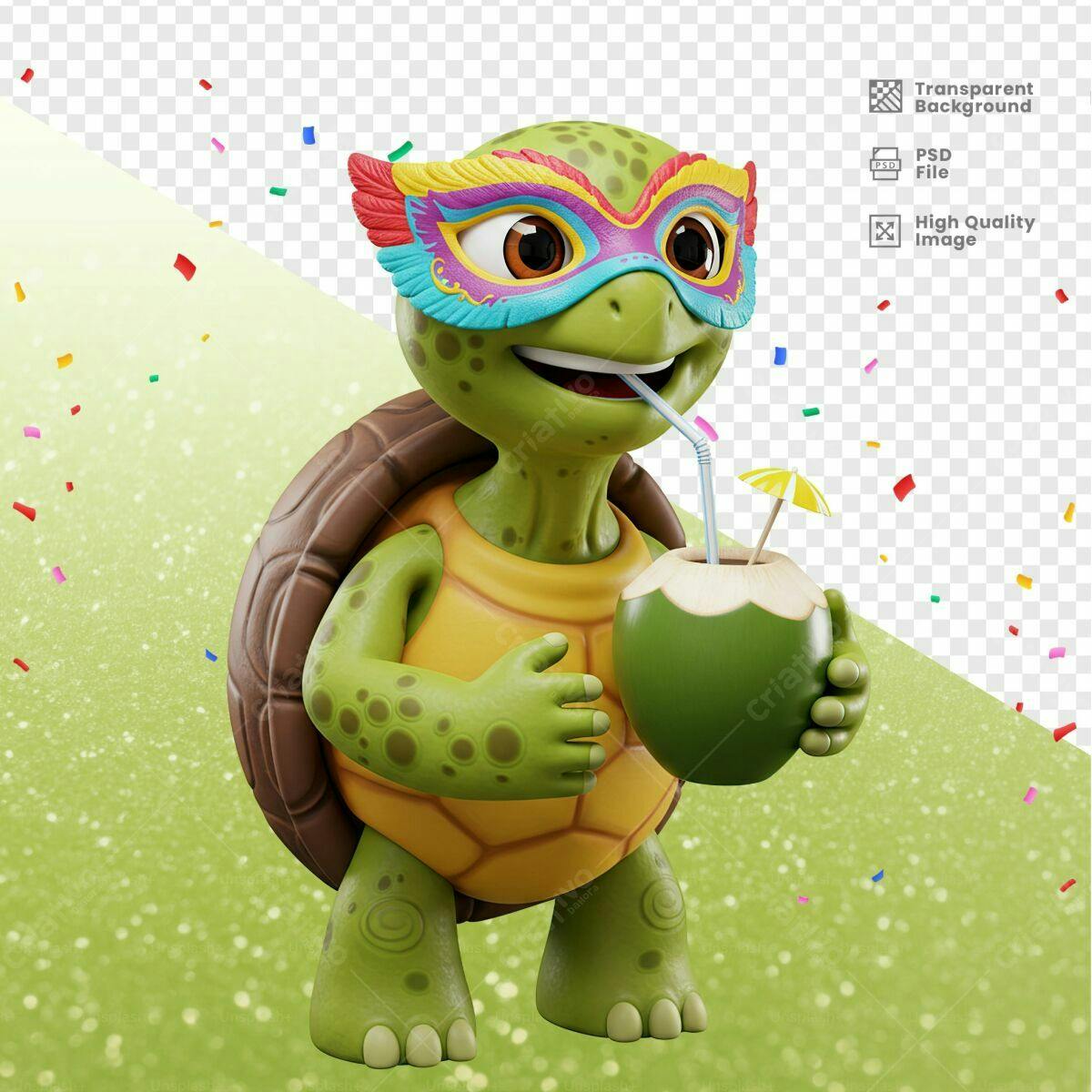 PSD Tartaruga Carnaval com Coco para Festa Tropical PSD Editável